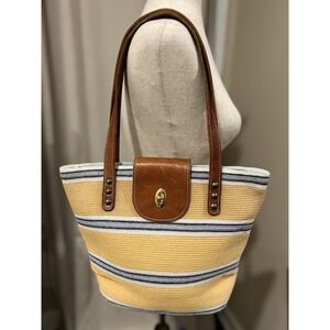 Eric Javitz Hand Bag Woven Canvass With Leather Brass Hardware‎